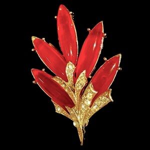Red glass leaf rhinestone brooch​​​​